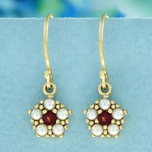 Natural Garnet and Pearl Vintage Style Floral Dangle Earrings in Solid 9K Gold - £336.37 GBP