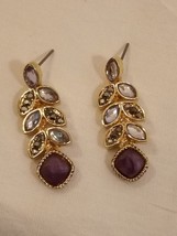Napier Gold Tone &amp; Purple Stone Dangle Drop Earrings (Signed) - £6.95 GBP