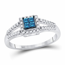 14kt White Gold Princess Blue Color Enhanced Diamond Cluster Ring 1/3 Ctw - £440.20 GBP