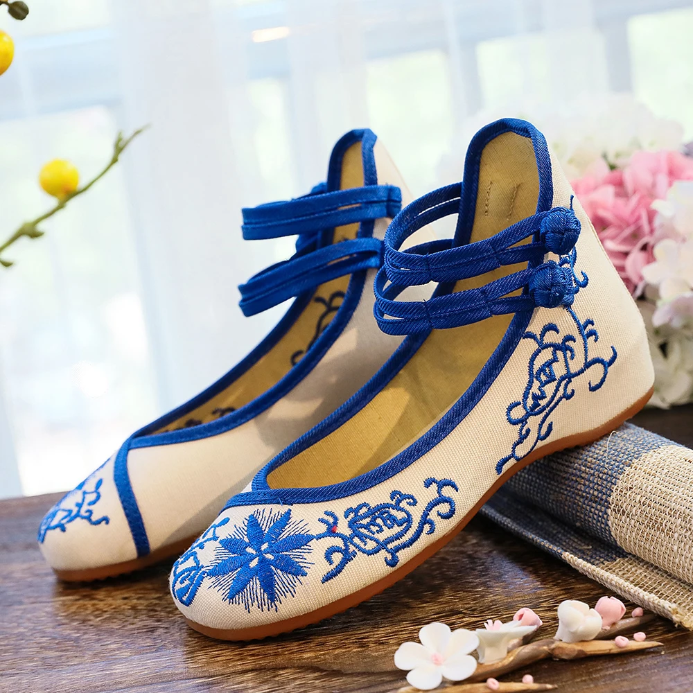 Veowalk flower Embroidered Women Canvas Ballet Flats Ankle Strap Ladies Casual C - £51.85 GBP