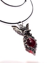 Gothic Guardian Gargoyle Perched RED Ball Pewter Pendant 30&quot; Adj Cord Necklace - £14.46 GBP