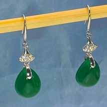 AWZ2 Jade Green Agate &amp; Silver Dangle Earrings - £47.37 GBP