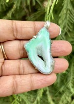 925 Sterling Silver Plated, Light Green Druzy Geode Agate Stone Pendant, 2 - $12.73