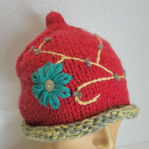 Wooden Ships Beanie Winter Hat Knit Flower Red Yellow Gray Blue Cute Button - £12.19 GBP