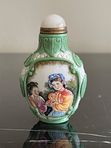 Chinese White Carved Peking Glass Snuff Bottle Hand Painted Scene Green ... - $147.51