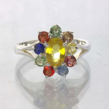 Yellow Sapphire Rainbow Color Party Sapphires Halo Silver Ring size 9 Design 54 - £82.09 GBP