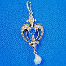 Earth mined Sapphire Pearl Deco Pendant Antique Gatsby era Necklaces 14k Gold - £1,865.21 GBP