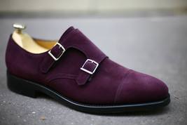 Monk Shoes Men&#39;s Suede Leather Purple Double Buckle Cap Toe Premium Quality  - £109.41 GBP