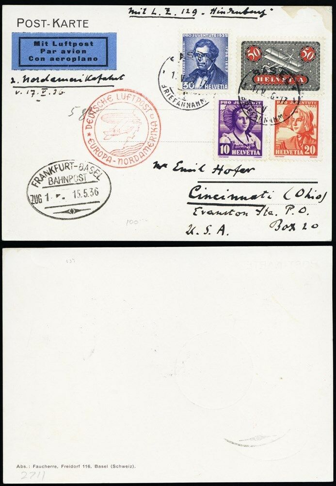 1936 Graf Zeppelin Switzerland - North American Flight Card To USA Stuart Katz - $100.00
