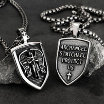 Mens Archangel Saint St Michael Medal Shield Pendant Necklace Stainless Steel - £12.57 GBP