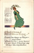 Christmas Greetings Mistletoe Lady in Green Dress Posted 1916 Antique Postcard - £5.99 GBP