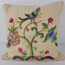 Jacobean Crewel Pillow Bird Floral Linen Handmade Decorative Multi Color 13&quot; EVC - £34.20 GBP