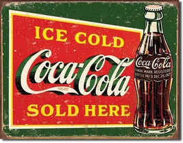 Ice Cold Coca-Cola Sold Here Green Weathered Coke Vintage Soda Pop Metal... - $19.95