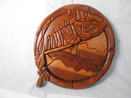 Handmade Wood Puzzle Sculpture Wall Hanging of Fish and Fisherman in Boat - $20.30