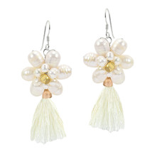 Bohemian Cultured Freshwater Pearl Flower Tassel Wedding Bridal Dangle Earrings - £12.47 GBP