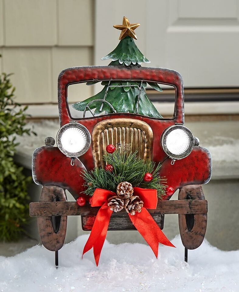 Solar Lighted Red Vintage Truck Welcome Stake Christmas Light Yard Outdo... - $21.91
