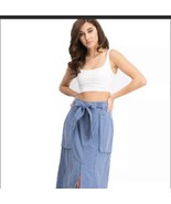 Size 0 FREE PEOPLE Catching Feelings Chambray Denim Blue Tie Midi Skirt ... - $27.41 CAD