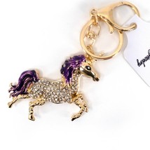 Bling Crystal Rhinestone Unicorn Key Chain Bag Charm Purple Gold - $283.25 MXN