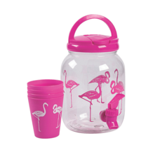 NEW Flamingo Drink Dispenser &amp; 4 matching cups, lid w/ handle 80 oz pink plastic - £8.47 GBP