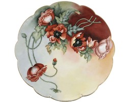 c1910 13 5/8&quot; T&amp;V Limoges Porcelain Charger Hand Painted Artist signed Red Poppi - $285.86