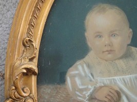 Antique Victorian gr8 Wood Frame 23&quot;CONVEX Glass Cute Baby Portrait Hand Colored - £233.45 GBP