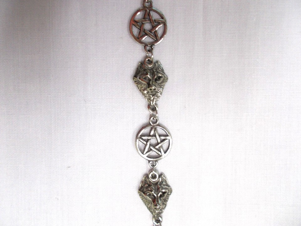 PENTAGRAM STAR and WOLF HEAD LINK USA PEWTER CHARMS BRACELET CUSTOM 9 INCHES Item image 2