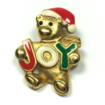 Christmas Pin JOY Teddy Bear Signed Danecraft Gold Tone Red Green Enamel - $18.00