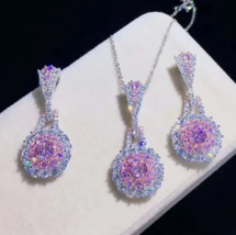 Women Flower Set 3pcs Lot Sweet Pink Topaz Gems Silver Necklace Earrings Rings - £22.37 GBP