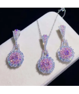 Women Flower Set 3pcs Lot Sweet Pink Topaz Gems Silver Necklace Earrings... - £22.03 GBP