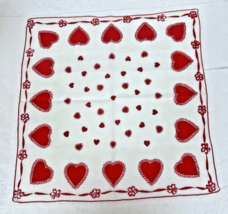 Vintage Hankie Valentines Day Rows of Red Hearts Ribbons Lace - $16.34