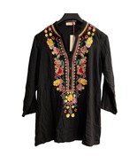 Solitaire Top Women M Black Floral Embroidered Popover Tunic Boho Hippie... - $678.63 MXN