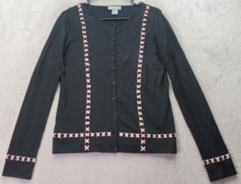 August Silk Logic Cardigan Women Medium Black Knit Silk Long Sleeve Button Front - £18.29 GBP
