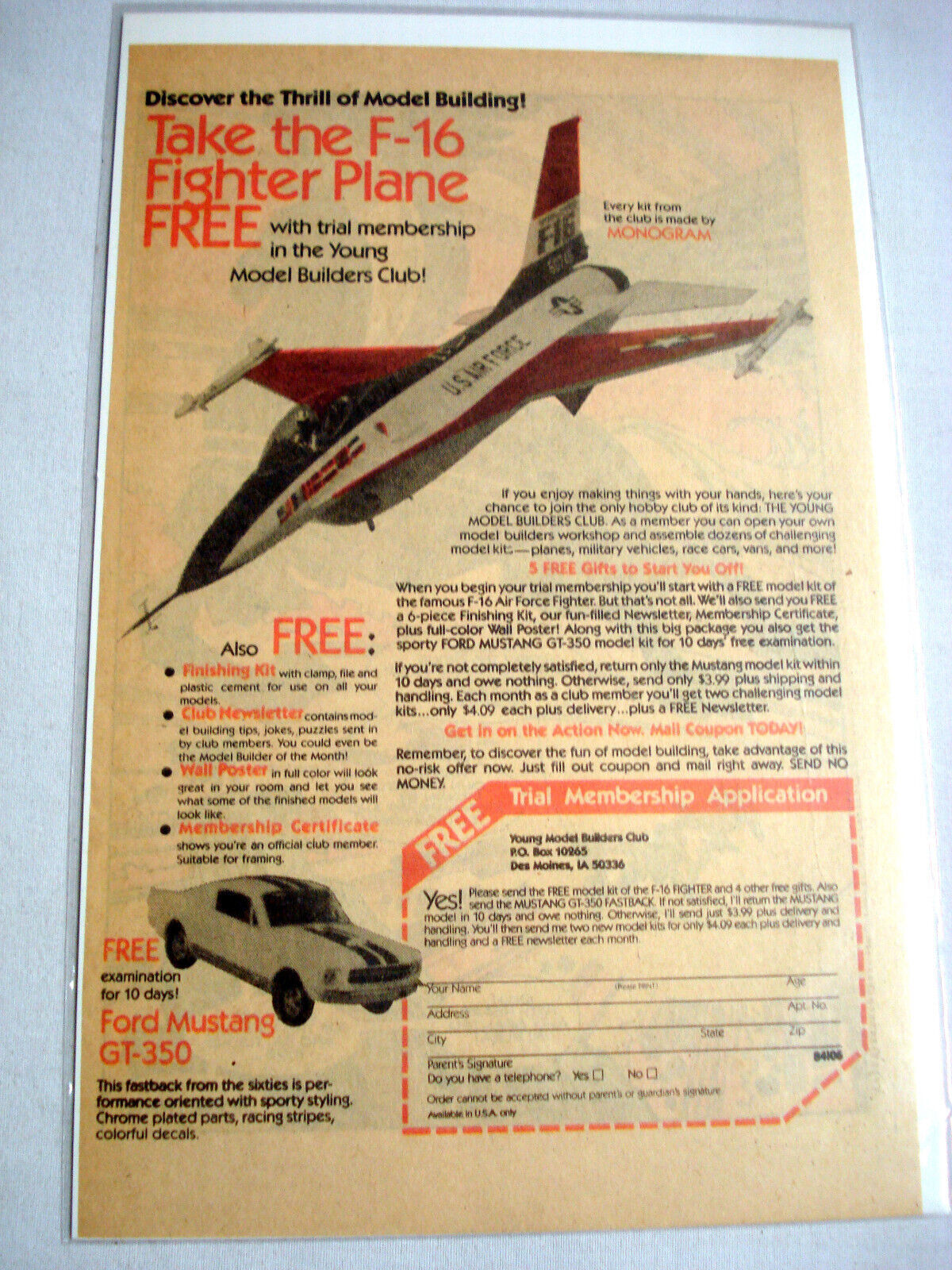 1983 Ad Young Model Builder's Club F-16 Mustang GT-350 Monogram Models - $7.99