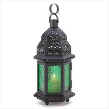 Moroccan  Green Glass Hanging Lantern  Free Standing Lamp Candle Holder  - $35.00