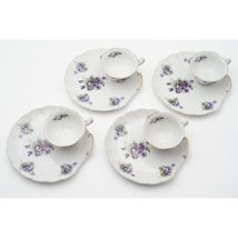 Vintage Lefton China Hand Painted Violets Tea Cups + Snack Plates Service for 4 - £43.61 GBP