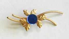 Mid Century Modern Leaves &amp; Blue Glass Gold-tone Brooch 1960s vintage 1 7/8&quot; - £9.67 GBP