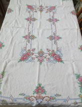 Linen Woven Tablecloth heavy Hand-Embroidery Floral 46 x 53 C16 - £56.33 GBP