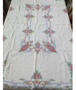 Linen Woven Tablecloth heavy Hand-Embroidery Floral 46 x 53 C16 - £58.97 GBP