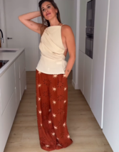 ZARA BNWT 2025. TERRACOTTA SUN PRINT WIDE LEG LINEN VISCOSE TROUSERS.  8... - $66.36