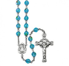 Tin Cut Czech Aqua Aurora Crystal Rosary Sterling Silver Crucifix and Medal - $139.95