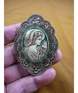 (cm18-5) GIRL big hat floral design Resin green + white CAMEO Pin Jewelr... - $643.91 MXN