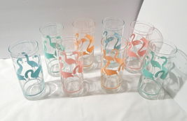 Vtg Set 8 Libbey Flamingo Highball Glass Tumblers 6" Pink Orange Blue Te... - $77.71