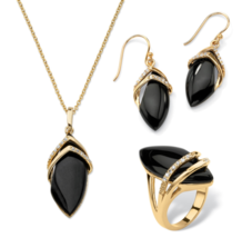 Black Onyx Cz Marquise Earrings Rind Necklace Set Gp 18K Gold - £160.84 GBP