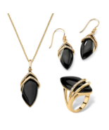 BLACK ONYX CZ MARQUISE EARRINGS RIND NECKLACE SET GP 18K GOLD - £159.28 GBP