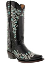 Womens Western Cowboy Boots Black Leather Floral Embroidered Snip Toe Botas - £98.28 GBP
