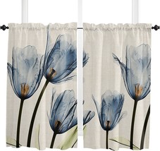 Carosoffe Tulip Floral Tier Curtains 45 Inches Long, Blue Flowers Rod Pocket - £24.08 GBP