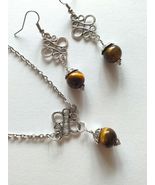 Tiger's eye Silver jewelry set earrings and necklace Victorian jewelry set Boho  - $55.00