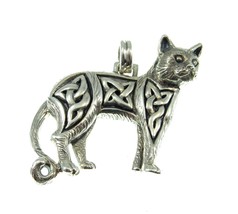 Solid 925 Sterling Silver Wiccan Magical Celtic Cat Pendant by Peter Stone - £52.50 GBP