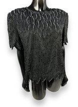 Vtg 90s Laurence Kazar Black Silk Sequin Beaded Formal Short Sleeve Top ... - £29.24 GBP