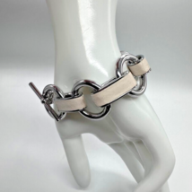 Banana Republic Bracelet Chunky Silver Tone White Leather Wrapped Links Toggle - $24.74
